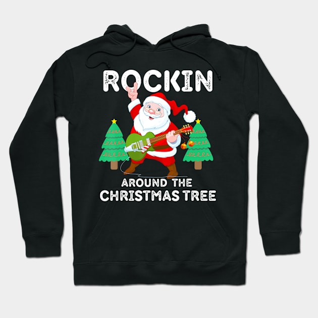 Rockin Around The Christmas Tree Santa Rocker Star Hoodie by Mitsue Kersting